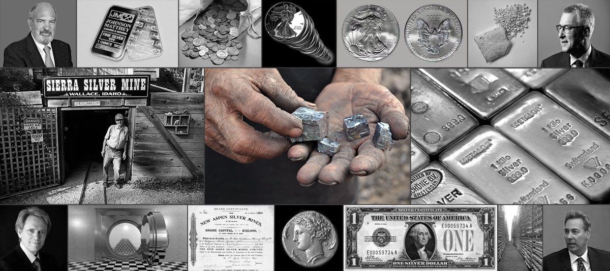 Collage of silver bullion types, a silver mine, a silver certificate, a silver mine share certificate, and silver analysts